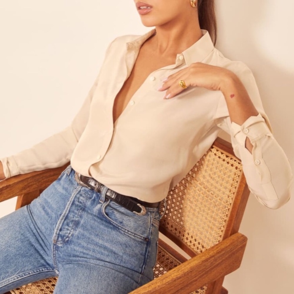 Reformation Anne Top. Button Up Silk Shirt. Almond